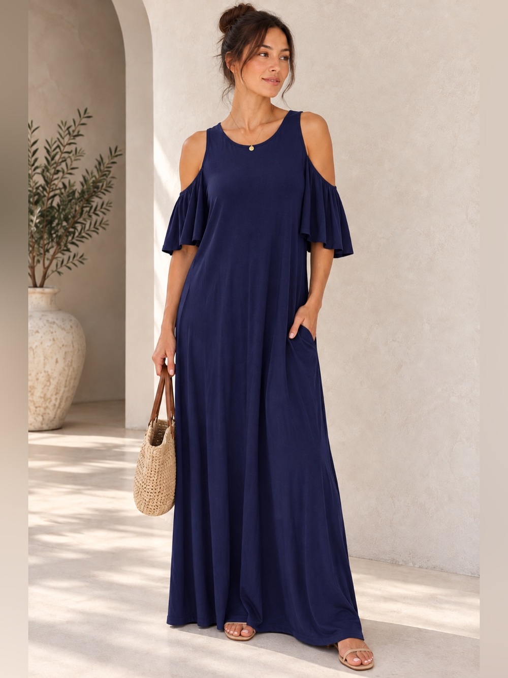 Bellamie Navy Blue Cold Shoulder Maxi Dress L Made in USA